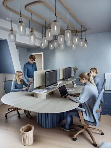 people working on laptops at a wooden desk,creative office,modern office,furnished office,desk lamp,working space,blur office background