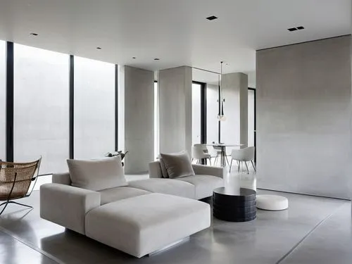 An ethereal photograph, A detailed, serene oil painting: In a contemporary, minimalist house,a room filled with white couches in a living area,minotti,modern minimalist lounge,interior modern design,p