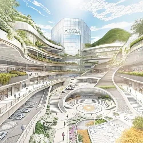 a futuristic street filled with lots of traffic,futuristic architecture,futuristic art museum,sky space concept,superhighways,futuristic landscape,smart city,school design,hotel complex,urban design,s