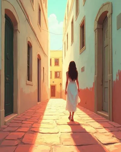 A flat, lineless digital art illustration with bold outlines and strong color blocking, utilizing vibrant reds, greens, and oranges. A solitary woman, depicted in a flowing, light-colored dress in the