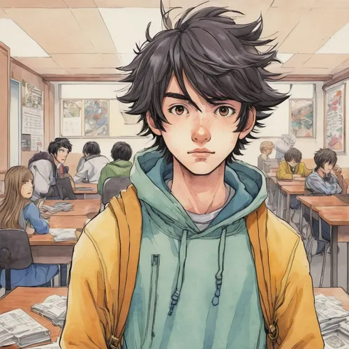 A shy high school student discovers he can transform into a powerful anime man,classroom,watercolor cafe,classroom training,cg artwork,coloring,class room,anime boy,anime cartoon,detention,ren,jin deu