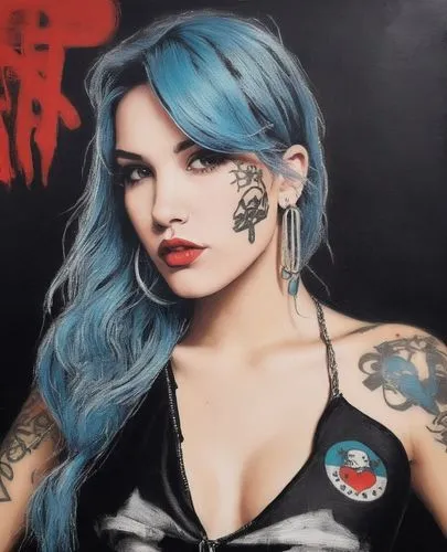 punk girl with tattoos ,a drawing of a woman with piercings and tattoos,punk,tattoo girl,jinx,punk design,riveter,pop art style,cool pop art,domino,blue hair,pop art girl,pop art woman,modern pop art,