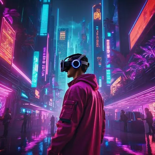 Avatar creator, 3D movie, futuristic laboratory, holographic screens, neon lights, cyberpunk theme, protagonist wearing VR headset, gesturing hands, creating avatar, virtual world, fantasy creatures, 