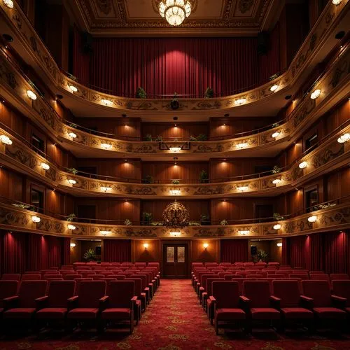 Rich velvet curtains, warm golden lighting, dark wood accents, plush red seats, ornate metal details, grand chandeliers, high ceilings, dramatic spotlights, luxurious carpeting, sophisticated sound sy
