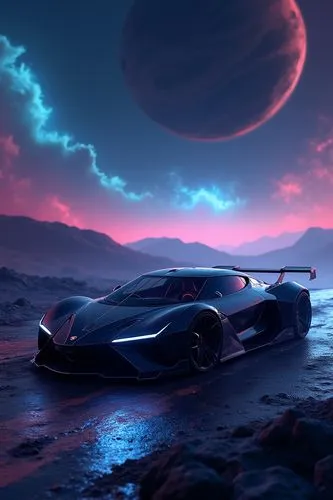 A Lamborghini Vision Gran Turismo in space, with the planet it's driving on glowing blue and red behind it. The car is sleek black with neon accents, with its headlights lighting up an alien landscape