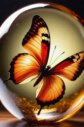close up of shiny red butterfly completely inside orange amber ball inside amber the whole figure inside amber ball. soft orange red lighting, romantic and mysterious atmosphere, vintage and classic b