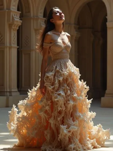 A highly detailed 3d islamic pattern and architecture elemnts  and elegant haute couture dress deeply inspired by traditional Iranian architecture, especially the intricate geometry of muqarnas — the 