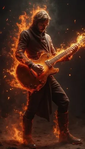 realistic guitarist plays with a burning guitar,a man dressed in costume holds an electric guitar and flames it,fire artist,guitar player,guitar solo,guitarist,fire background,fire master,electric gui