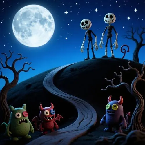 A whimsical and dark gothic stop-motion animation still. The landscape is split by a winding, curled hill under a giant, pale full moon. On the high side of the hill, spindly, pale figures with long l