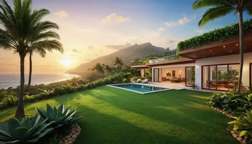 a beautiful backyard and sunlit pool area,tropical house,oceanfront,tropical greens,ocean view,holiday villa,beachfront,luxury home,luxury property,tropical island,beautiful home,beach house,home land