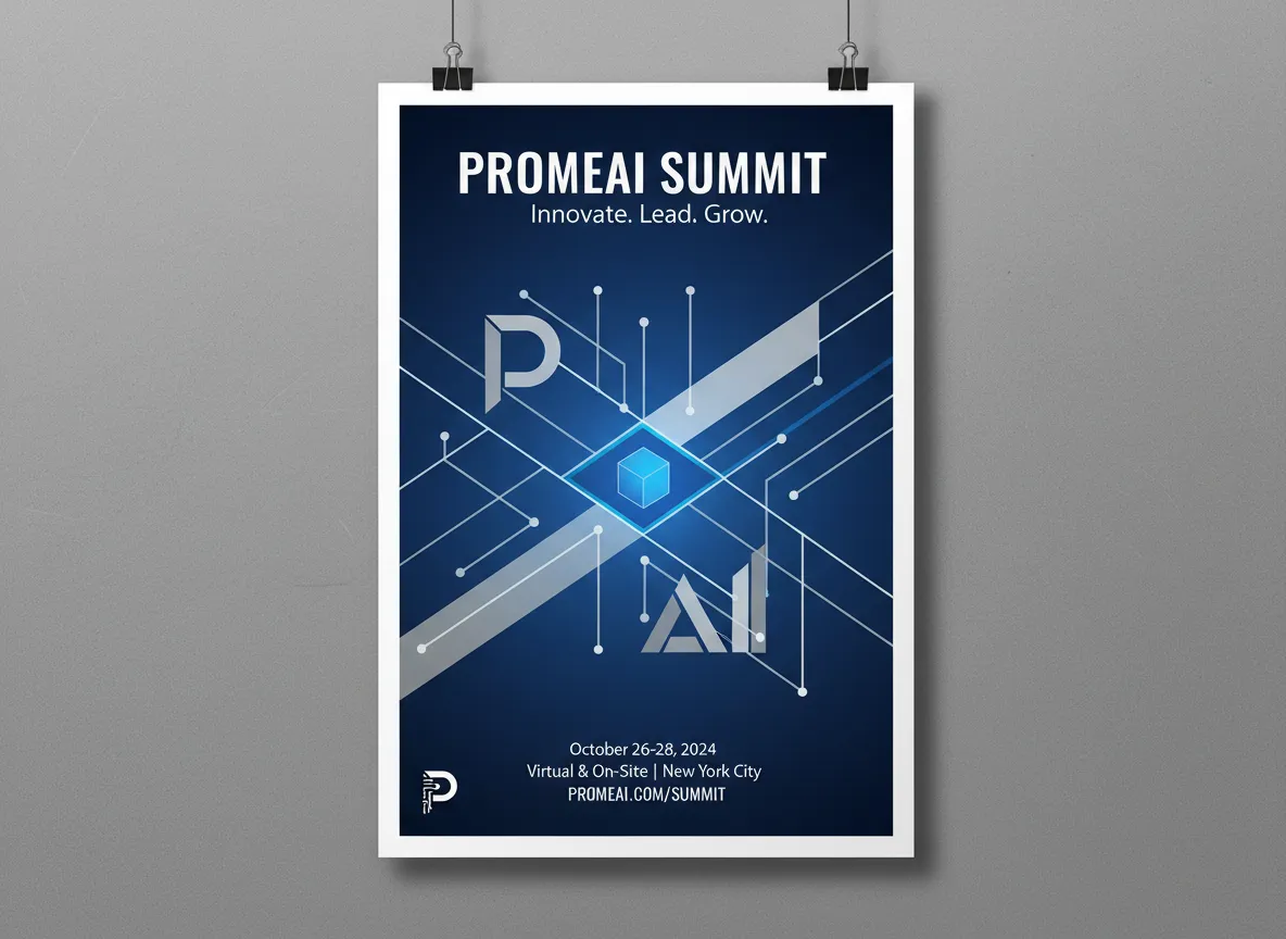 एक व्यावसायिक सम्मेलन के लिए एक पेशेवर कॉर्पोरेट पोस्टर, जिसे PromeAI के साथ डिज़ाइन किया गया है, जिसमें साफ़-सुथरी रेखाएँ और एक मिनिमलिस्ट लेआउट है।