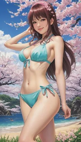 a happy bikini girl  , sakura, spring,japanese sakura background,sakura background,mikuru asahina,sakura blossom,beach background,sakura,sakura blossoms,spring background,summer background,honmei choc