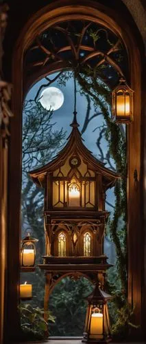 Whimsical owl house, fairy tale, forest, moonlight, misty atmosphere, intricate wooden structure, vines crawling up walls, lanterns hanging from eaves, stained glass windows, cozy interior, bookshelve