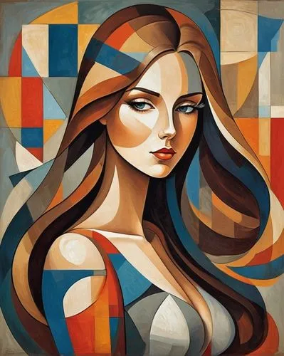 young woman, beautiful long hair.,art deco woman,art deco background,young woman,woman face,woman's face,david bates,art painting,woman portrait,woman thinking,portrait of a girl,pop art woman,art dec