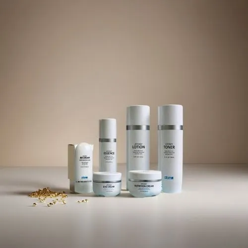 Create a clean, minimalist, and sophisticated background for the Atomy cream packaging. The backdrop should be in soft, neutral tones such as light beige, ivory, and a hint of pastel gold. The backgro
