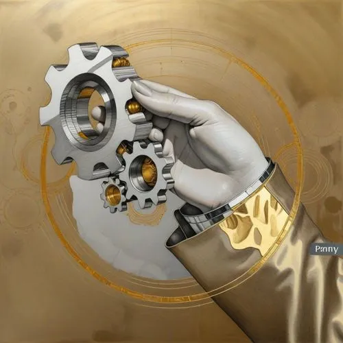 an abstract painting of hand holding a golden and black piece,circular puzzle,derailleur,centrifugal,gimbals,hand prosthesis,procedural