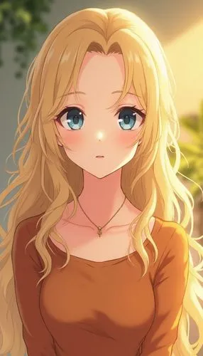 Image is a portrait-style photograph featuring a young woman with long, wavy blonde hair cascading over her shoulders. She has fair skin and light blue eyes, with a neutral expression on her face. Her