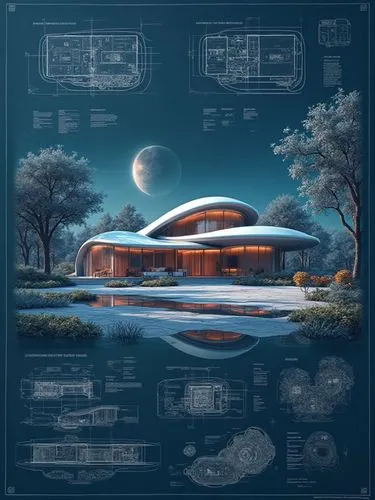 an architectural drawing of a modern building,futuristic architecture,blueprint,futuristic art museum,blueprints,futuristic landscape,smart house,spaceport,aqua studio,schematics,futuristic,home of ap