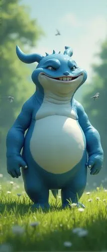 A stunning figure, plump and a mischievous grin, stands in front of a large green lawn. His body is a piercing blue, with a white body floating lazily. His fists curl gently from the wind, while his b