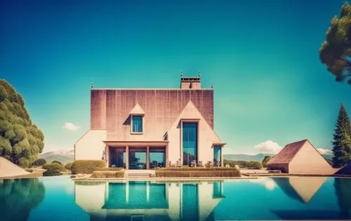 glass bricks tiles garden sunlight blue sky landscape people lake trees park hotel forest mountains,a modern house that looks like it is surrounded by trees,mid century house,cube house,cubic house,po
