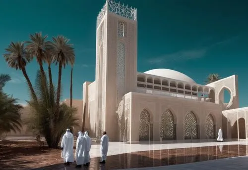 DISEÑO DE UNA MEZQUITA UBICADA EN ARGELIA, COMBINANDO ELEMENTOS DE LA ARQUITECTURA MINIMALISTA, FUSIONADOS CON LA ARQUITECTURA ISLAMICA, USO DE CELOSIAS CON DISEÑO ISLAMICO, MINARETE CON CRISTAL, PROT