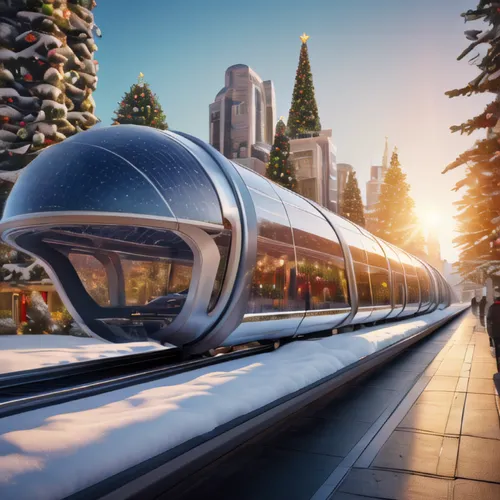 solar punk hyperloop christmas architecture city ,sky train,monorail,maglev,santa claus train,futuristic architecture,christmas sled,high-speed rail,electric train,light rail train,futuristic landscap