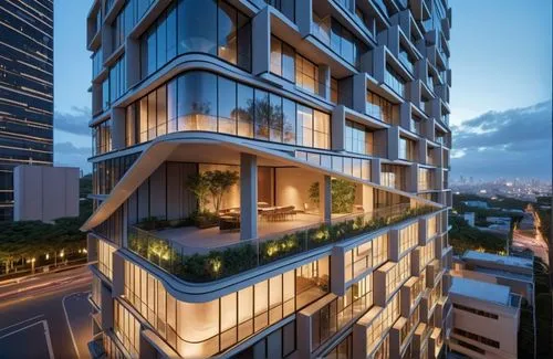 A winning award  rendering of a modern, high-rise building with a glass facade, situated in the middle of a city street. the building is a tall, rectangular structure with multiple floors, with curvy 