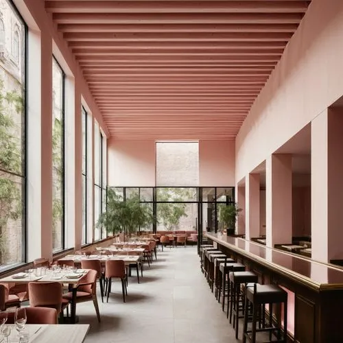 Bar area in a restaurant, light pink decor,corten steel,new york restaurant,daylighting,a restaurant,salt bar,cafeteria,bistro,archidaily,red bricks,mandarin house,breakfast room,alpine restaurant,bis