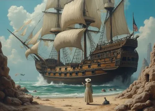 A detailed oil painting of a fantastical scene: a central figure of a girl in a white 17th-century blue hat, arms outstretched, walks alongside a giant ship adorned with intricate details. The canvas 