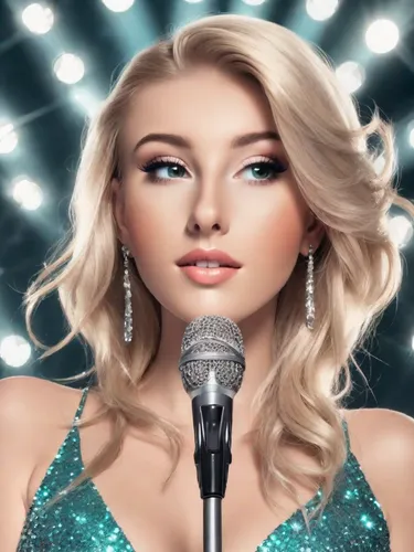 beautiful blonde chanteuse singing on stage behind a microphone stand, disco, turquoise and silver sequin dress, spotlights, gorgeous, lots of makeup,realdoll,mic,singing,singer,diamond background,bar