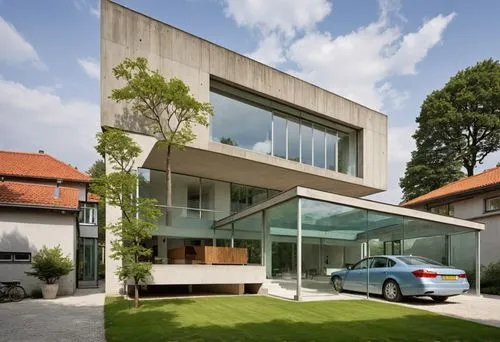 a car parked in front of a modern house,modern house,lohaus,modern architecture,residential house,architektur,cubic house,Photography,General,Realistic