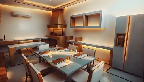 a white table with place settings set up for people,dinette,interior decoration,3d rendering,dining room,search interior solutions,interior modern design,fine dining restaurant,kitchen design,japanese