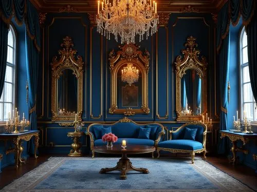 Baroque style interior, luxurious navy blue walls, golden ornate frames, intricate carvings, velvet navy blue drapes, tassel details, majestic crystal chandelier, richly polished dark wood furniture, 