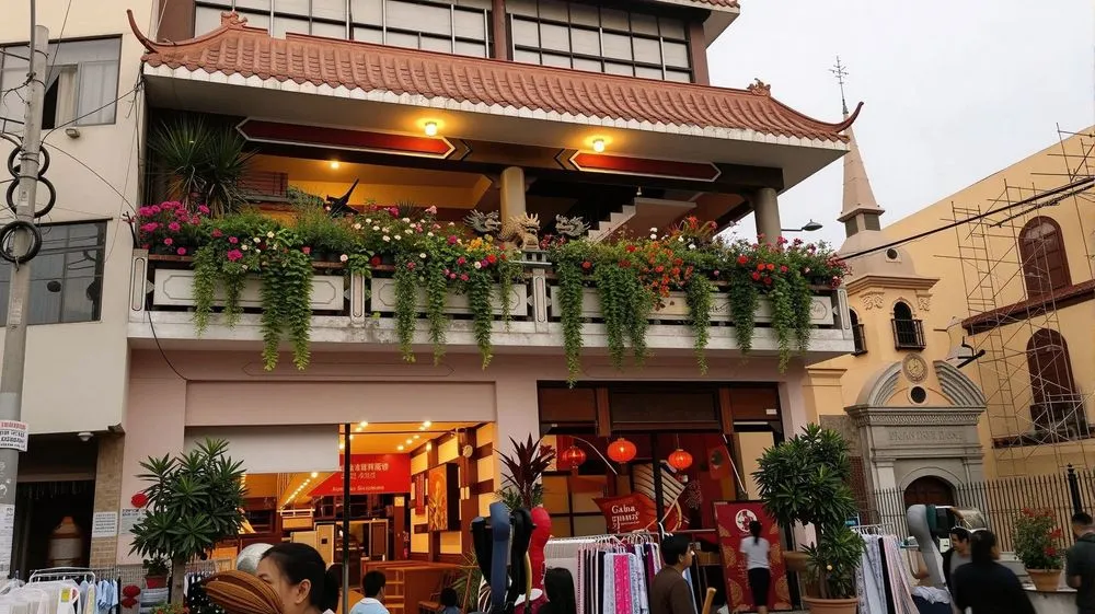 a building with lots of planters growing on it BARRIO CHINO  LIMA PERU