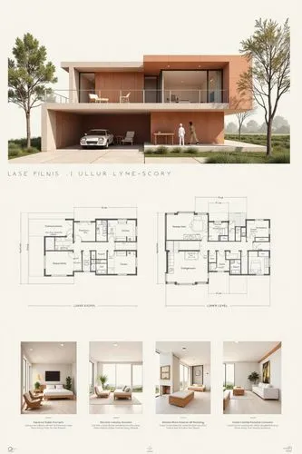 A professional architectural presentation board with a Pure background and a clean, minimalist design layout. The board includes:

Top Section: On the top left, a photorealistic render of a contempora