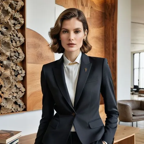 a young woman stands in front of some wooden furniture,navy suit,maxmara,business woman,business girl,woman in menswear,black suit,businesswoman,lapels,pantsuits,dark suit,suited,pantsuit,menswear for