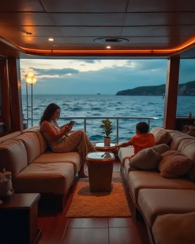 woman sitting on a couch with a child on a couch,on a yacht,staterooms,cruises,aboard,stateroom,breakfast on board of the iron,pilothouse,yacht exterior,houseboat,ocean view,charter,yachtswoman,japan'