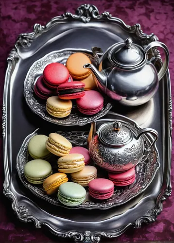 Macarons on silver tray with teapot and,macarons,afternoon tea,macaron,tea service,tea party collection,teacup arrangement,french macarons,tea set,stylized macaron,macaroon,tea art,macaroons,teatime,h