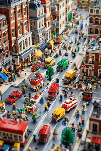 visual illustration of various LEGO products, depicting their characteristics vividly. This scene includes a bustling LEGO cityscape filled with diverse buildings, vehicles, and figures engaging in mu