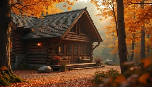 Vibrant persimmon hues, warm golden lighting, rich earthy tones, rustic wooden textures, natural stone walls, cozy cabin-style architecture, autumnal forest surroundings, misty morning atmosphere, sof