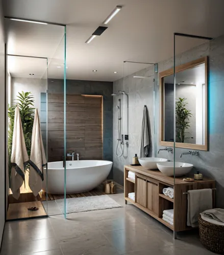 a luxurious bathroom with glass walls and a soaking tub in the middle,luxury bathroom,modern minimalist bathroom,interior modern design,bath room,modern decor,bathroom,luxury home interior,contemporar