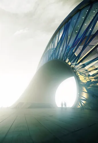 modern public architecture, heavy fog,two people walking up and down stairs towards a large round doorway,arcology,futuristic architecture,futuristic art museum,futuristic landscape,megastructure,spac