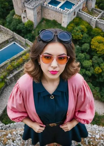 Mujer con cabello largo y naranjado, ojos naranjados detallados, gafas azulesde nerdy, blusa rosada, labios brillantes, detailed pink lips,the model wearing sunglasses is standing on the ground,atop,p