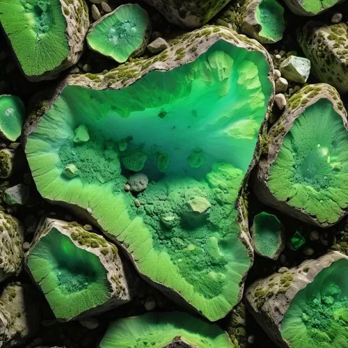 roccia spaccata verde scuro con all'interno minerali fluorescenti,lots of green leaves and stones laying on the ground,stomata,solidified lava,tropical leaf pattern,chlorophyll,stone heart,forest floo