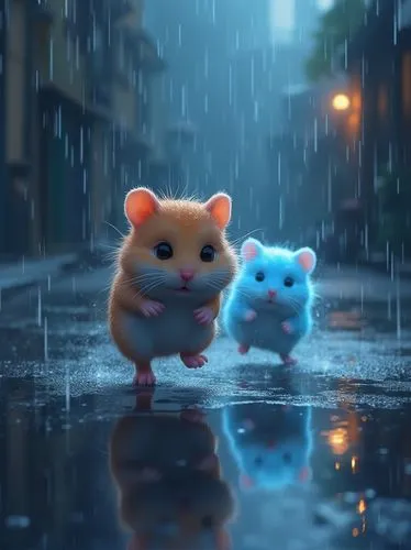  anime very funny cute animals similar to hamsters and kittens running in the rain through puddles detailing raindrops on wet mirror ground, sunlight cinematic lighting, battered, low angle, trending 