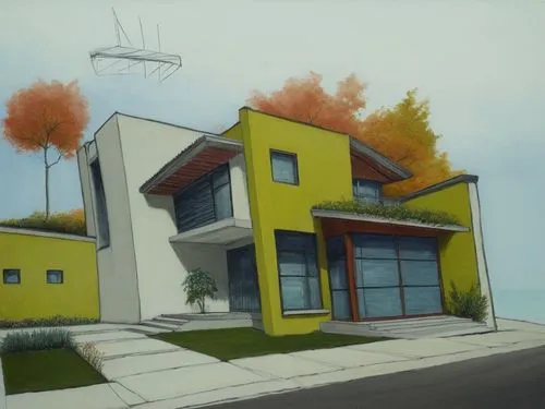 A front view of a red and white building in a neighborhood and a small garden of green grass. The house that is behind it is called a stepped home. It has four stories. It has a large tree in the midd