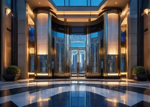 Modern futuristic skyscraper, sleek metallic exterior, towering high-rise building, intricate architectural details, grand entrance, revolving doors, polished marble floors, minimalist lobby, urban ci