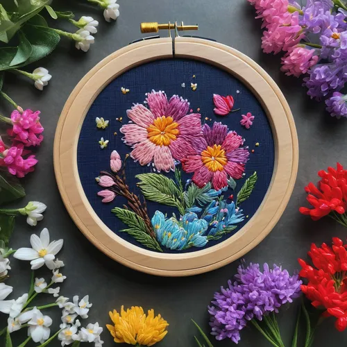 Capture the beauty of nature by showcasing a colorful stitch picture surrounded by blooming flowers.,embroidered flowers,stitched flower,floral and bird frame,floral silhouette frame,floral frame,embr