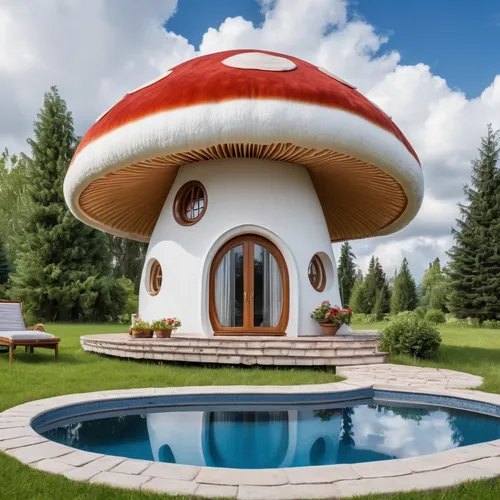 A house in the shape of a mushroom on a white background,roof domes,round hut,mushroom landscape,round house,mushroom island,bee-dome,musical dome,mushroom hat,club mushroom,cloud mushroom,lingzhi mus