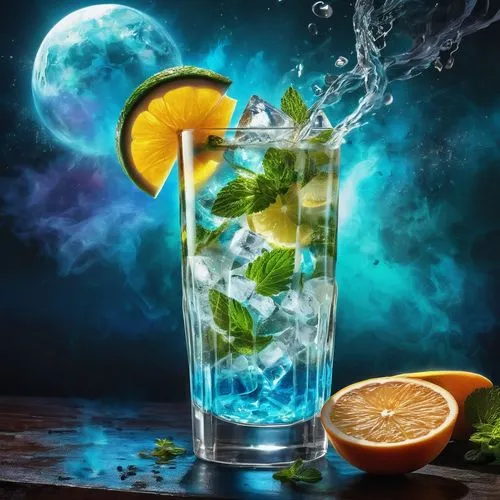 Liquid Splash art, Night, full moon, double exposure, Steampunk bar , fantasy in 1500m, fire universe with ice,smoke , glass of lava universe with a thin stem,
Refreshing Fruit-Infused mojito in Elega